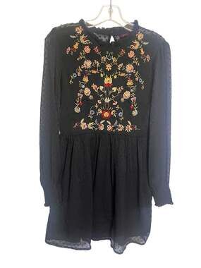 Ginger Boho Swiss Dot Embroidered Floral Long Sleeve Chiffon Mini Dress Sz S